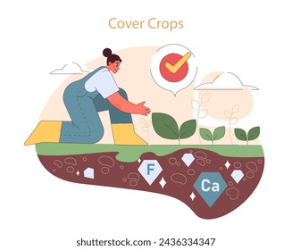 Cover Crops concept. Woman nurturing young plants, enriching soil with essential nutrients. Soil protection and fertility improvement.