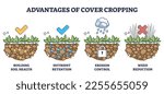 Cover crops cultivation or growing advantages for soil health outline diagram. Labeled educational scheme with earth health, nutrient retention, erosion control and weed reduction vector illustration