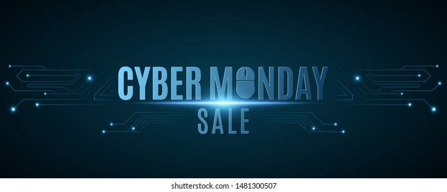 Cover for cyber monday sale. Hi-tech background from a computer circuit board. Computer mouse. Glowing neon blue connecting lines with lights. Vector illustration. EPS 10