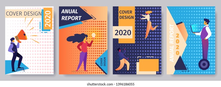 Cover Design for 2020 Annual Report Set with People Characters, Halftone Dotted Pattern and Geometric Colorful Shapes. Social Media Templates in Trendy Style. Vector Illustration, Vertical Banners