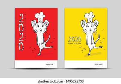 Cover design 2020 text design with mouse cartoon character vector illustration, Calendar cover template, poster, flyer, china Restaurant cafe menu, Rat chef 2020 Chinese zodiac sign