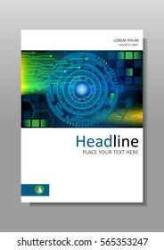 Cover design in A4 with HUD abstract futuristic technology internet and business interface background with numbers. Infographic data. Head-Up Display. Vector. Colourful. 