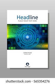 Cover design in A4 with HUD abstract futuristic technology internet and business interface background with numbers. Infographic data. Head-Up Display. Vector. Colourful. 