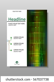 Cover design in A4 with HUD and infographic for banners, journals, books, magazines, flyers.  Futuristic internet and business interface background. Head-Up Display. Vector. Colourful.
