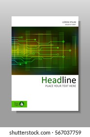 Cover design in A4 with HUD and infographic for banners, journals, books, magazines, flyers.  Futuristic internet and business interface background. Head-Up Display. Vector. Colourful.