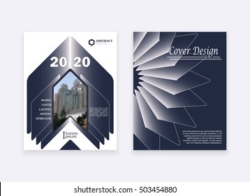 Cover design. Abstract composition. Set of A4 brochure title sheet. Dark blue and white colors. Interesting geometric shapes. Creative. Book. Vector illustration.