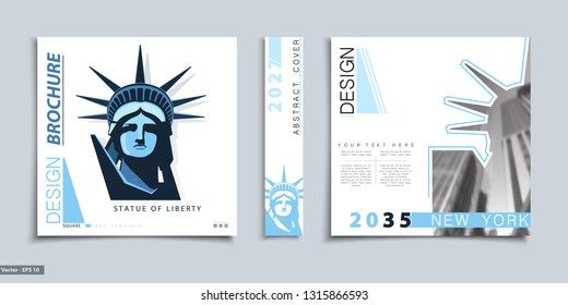Cover design. Abstract template brochure. Portrait of the Statue of Liberty. Page, Square, Catalog, Layout. White and blue design.City, book, booklet,album, poster. Annual report, title. Ad text, font
