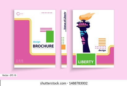 Cover design. Abstract template brochure. Geometric image hand with torch the Statue of Liberty. Page is a4 format, layout. Popular design color. Book, booklet, poster. Art album, title. For drawing
