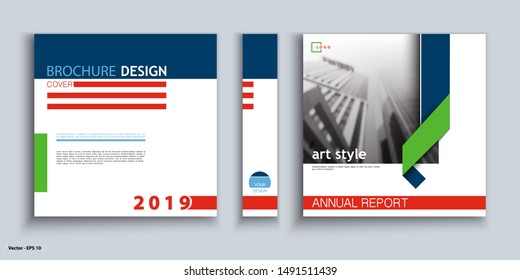 Cover Design. Abstract Template Brochure. City 2019. Set Of Title Page. Multicolored Cover Page Design. Square Format Catalog, Booklet, Layout. Red Lines. Вrand Logo. Annual Report, Title.Ad Text Font