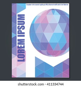 Cover design. Abstract template of cover with sphere and triangles for report, brochure, booklet or catalog. CMYK colors. Vector layout
