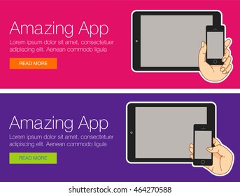 Cover design ads concept for website template - mobile app, smartphone, mobile cell phone. Banner or cover header for course. Web banner for mobile tablet. Design of banner for mobile tablet template