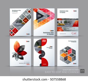 Cover design annual report, brochure template layout, magazine, flyer in A4 with red triangles, rectangular elements, squares, circles, flowers for business, finance.  Abstract vector design set.