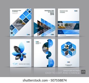 Cover design annual report, brochure template layout, magazine, flyer in A4 with blue triangles, rectangular elements, squares, circles, flowers for business, finance.  Abstract vector design set.