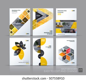 Cover design annual report, brochure template layout, magazine, flyer in A4 with triangles, rectangular elements, squares, circles, flowers for business, finance.  Abstract vector design set.