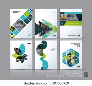 Cover design annual report, brochure template layout, magazine, flyer in A4 with green triangles, rectangular elements, squares, circles, flowers for business, finance.  Abstract vector design set.