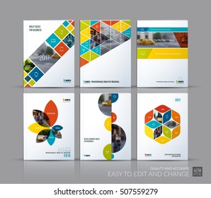 Cover design annual report, brochure template layout, magazine, flyer in A4 with colourful triangles, rectangular elements, circles, flowers for business, finance.  Abstract vector design set.