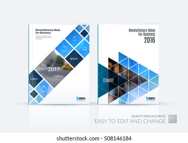 Cover design annual report, brochure template layout, magazine, flyer in A4 with triangles, rectangular geometric elements, squares for business, finance.  Abstract vector design set.