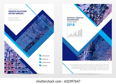 Cover design annual report, brochure template layout, A4 with abstract expressive textures for business, finance. Creative vector design set.