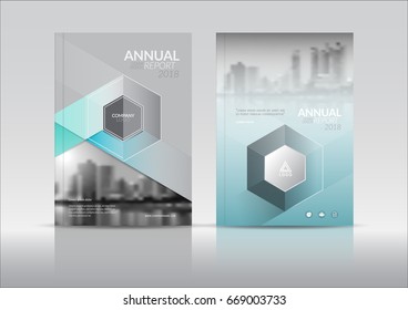 Cover Design, annual report cover, flyer, presentation, brochure. Front page design layout template in A4 size. Hexagon Shapes. Aqua green color with building background templates.