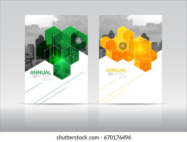 Cover Design, annual report cover, flyer, presentation, brochure. Front page design layout template in A4 size. Geometric green yellow colors with building background templates.