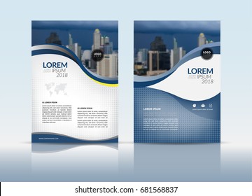 Cover Design, annual report cover, flyer, presentation, brochure. Front page design layout template with bleed in A4 size. Blue white colors with abstract curve vector background templates.