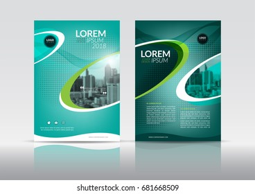 Cover Design, annual report cover, flyer, presentation, brochure. Front page design layout template with bleed in A4 size. Green colors with halftone vector background templates.