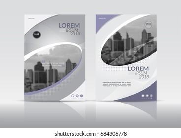 Cover Design, annual report cover, flyer, presentation, brochure. Front page design layout template with bleed in A4 size. Grey white purple colors with curve shape vector templates.