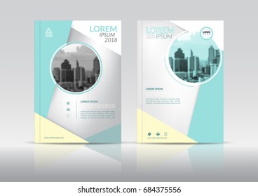 Cover Design, annual report cover, flyer, presentation, brochure. Front page design layout template with bleed in A4 size. Aqua green yellow  colors with circle shape vector  background templates.