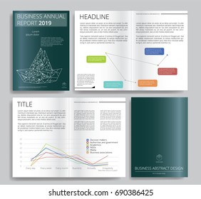 Cover design annual report, vector template brochure, flyer, presentation, leaflet, magazine a4 size. Dark with white boat background. Includes marketing icons and diagram
