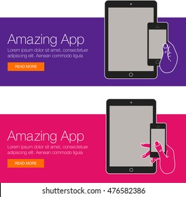 Cover design of app for website template - mobile app, smartphone, mobile cell phone. Banner or cover header for course. Web banner with hand and mobile app. Design of banner for mobile app