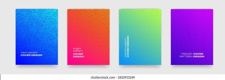 Cover design background patterns, abstract lines and color gradient, vector. Modern trendy Memphis, organic and dynamic dotted pattern backgrounds for cover templates