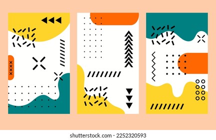 Cover design backgrounds vector with memphis style. Trendy editable template. Suitable for social media stories post templates, brochure, backdrop, banner, flyer.  Colorful background pattern.