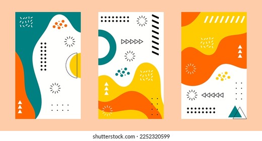 Vector de fondo de diseño de carátula con estilo memphis. Elementos geométricos gráficos. Plantilla editable de moda. Adecuado para historias de medios sociales postales, folletos, fondo, banner, volante.