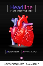 Cover design with black background and low poly human heart vector. Flyer, brochure, journal, booklet, annual report, company profile, magazine. Medical report template design. A4.