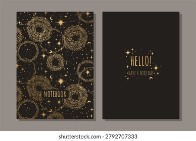 Cover design with black space pattern. Hand drawn elements. Invitation, greeting card, cover book, notebook. Vector illustration