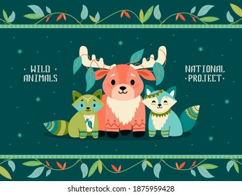 Cover design with boho animals. Cute raccoon, fox, reindeer with decorations. Vector illustrations with text on dark background. Wildlife concept for poster, website or webpage background