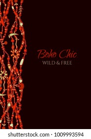 Cover design in boho style.  Tribal folk motif in traditional red and black colors. Vertical border made from beads. Jewelry bijouterie elements. Sketch style hand drawn isolated vector illustration, 