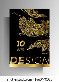 Cover design for book, magazine, catalog brochure. Hand-drawn graphic elements black with gold. A4 format. Vector 10 EPS.