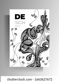 Cover design for book, magazine, catalog brochure. Black and white graphic elements are manually drawn. Vector 10 EPS.