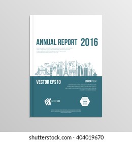 cover design for booklet annual report, brochure template layout, mock up a4 format magazine or book cover, with geometric background and thin line style famous world landmarks. vector illustration