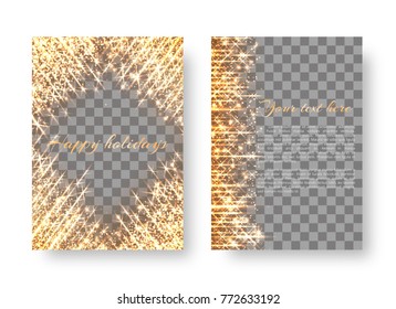 The cover design of the brochure with golden dazzling lights and bright beams