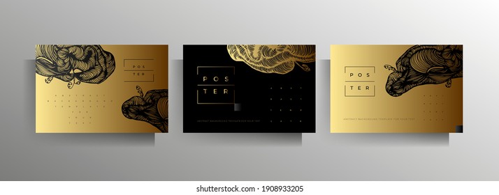 Cover design for brochure, poster, flyer, booklet, catalog template set. Hand drawn graphic elements black with gold. Vector 10 EPS.