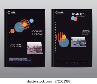 Cover design brochures. Abstract binder layout. Annual report a4 cover. Modern vector creative ad flyer font. Title sheet model set. . business mockup. Black banner. Colorful figures icon.