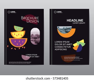 Cover design brochures. Abstract binder layout. Annual report a4 cover. Modern vector creative ad flyer font. Title sheet model set. Business mockup. Black banner. Colorful figures icon.