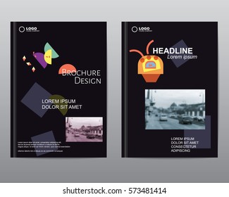 Cover design brochures. Abstract binder layout. Annual report a4 cover. Modern vector creative ad flyer font. Title sheet model set. Business mockup. Black banner. Colorful figures icon.