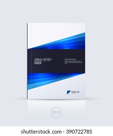 Cover design, business brochure template layout, annual report, magazine, flyer or booklet in A4 with blue dynamic diagonal geometric shapes on white background. Vector Illustration.