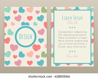 Cover design with chaotic hearts. Shaded shapes are arranged in random order. Romantic background. It can be used for invitation, card, cover book, catalog. Size A4. Vector illustration, eps10.