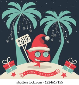 The cover design. Christmas on the island. Depicts two palm trees, a shark in Santa Claus hat, garlands of snowflakes, presents on the sand , starfish and scarf with the words merry christmas and 2019