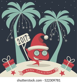 The cover design. Christmas on the island. Depicts two palm trees, a shark in Santa Claus hat, garlands of snowflakes, presents on the sand , starfish and scarf with the words merry christmas.