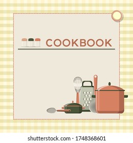 Cover Design For A Cookbook Or Notebook, Template For Text. Kitchen Utensils On A Checkered Background. A Large Bowl And Grater, A Set Of Kitchen Accessories.